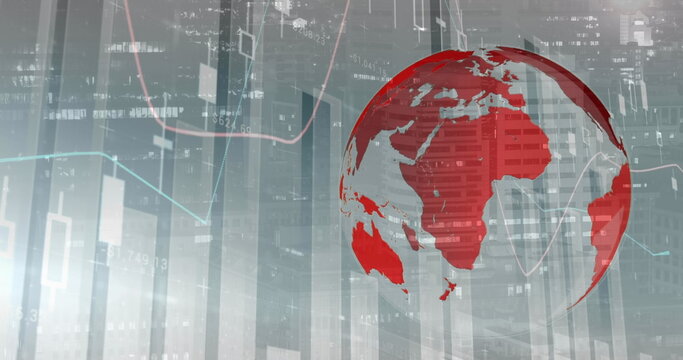 Image of statistical data processing and spinning globe over view of cityscape at night - Powered by Adobe