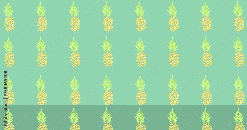Poster image of pineapples moving in a row over blue background