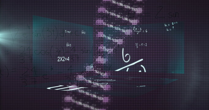 Image of dna helix, lens flare and mathematical equations against abstract background - Powered by Adobe