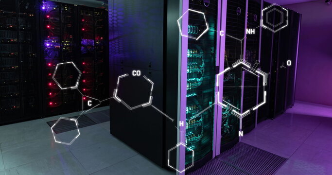 Image of chemical structures floating against computer server room