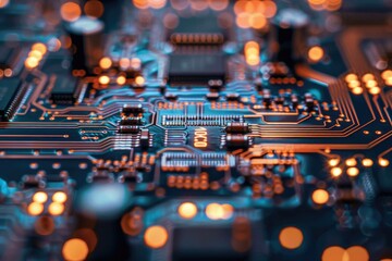 A close-up of a circuit board with glowing LED lights, highlighting the intricacies of modern technology