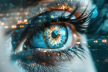 A close-up of an eye with a digital augmentation, implying the concept of biometric security or augmented reality