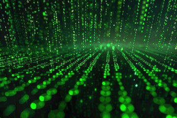 A dynamic background of moving binary code in green on a black screen, illustrating data processing