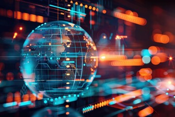 A futuristic hologram of a globe, emphasizing global digital connectivity and the internet