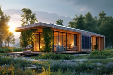 Fototapeta na wymiar An off-grid eco house powered entirely by solar panels