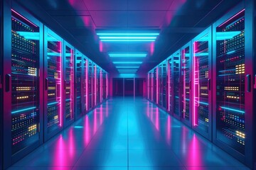 A vibrant neon-lit scene of a server room with rows of high-performance computers, emphasizing the concept of big data and cloud computing