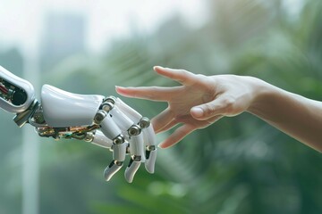 A robotic hand reaching out to a human hand, symbolizing the integration of robotics and humanity