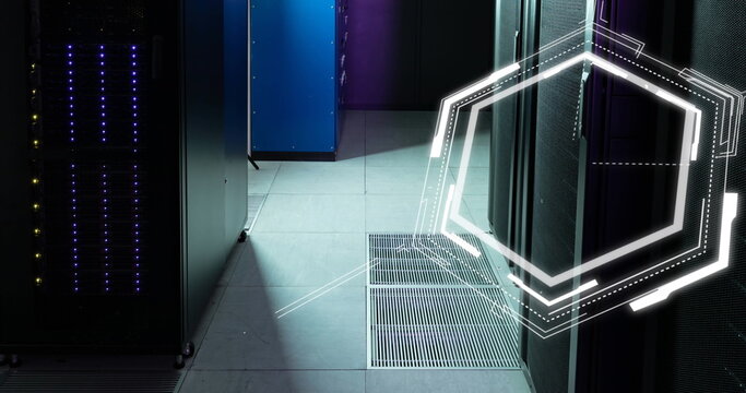 Image of chemical structures floating and data processing against computer server room - Powered by Adobe