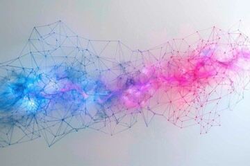 Softly glowing, neon-hued network mesh on a subtle gray canvas