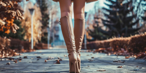 Chic High Heeled Boots, copy space. Female legs in long sleek beige thigh-high boots, high fashion footwear. - obrazy, fototapety, plakaty