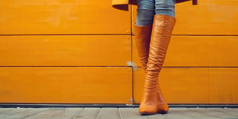Chic High Heeled Boots, copy space. Female legs in long orange sleek thigh-high boots, high fashion footwear. - obrazy, fototapety, plakaty