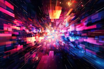 Vibrant, abstract pixel explosion on a darkened background