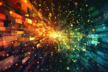 Vibrant, abstract pixel explosion on a darkened background