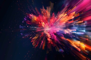 Vibrant, abstract pixel explosion on a darkened background