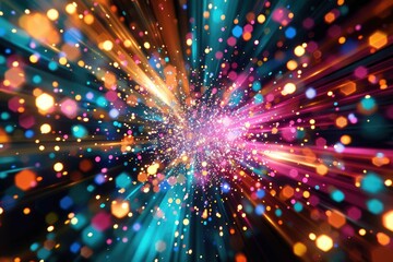 Vibrant, abstract pixel explosion on a darkened background