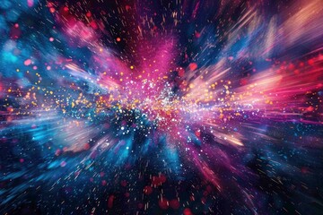Vibrant, abstract pixel explosion on a darkened background