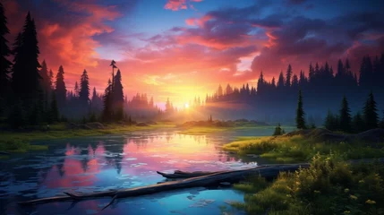 Poster Reflection Tranquil mountain sunset  vibrant sky reflected on calm lake in serene landscape