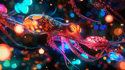 Squid engaging in luminous conversation with aliens, exchanging ideas through pulses of light.