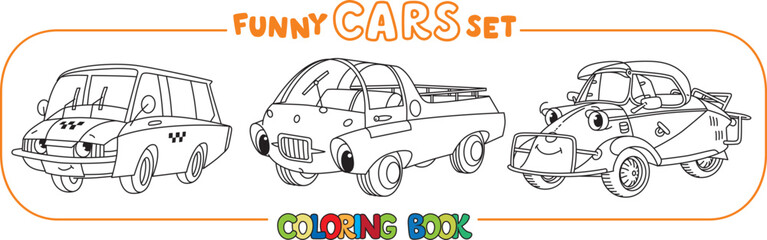Fototapeta na wymiar Funny small retro cars with eyes coloring book set
