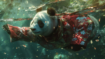 Generative AI, A panda wearing a traditional kimono swimming gracefully in clear water, with the fabric of the kimono flowing around it, set in a serene, natural pond setting.