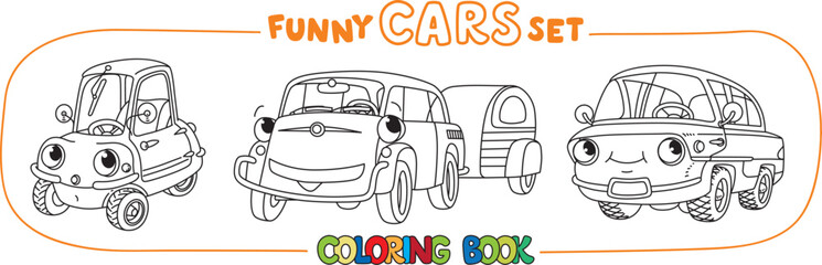 Funny small retro cars with eyes coloring book set - 758066860