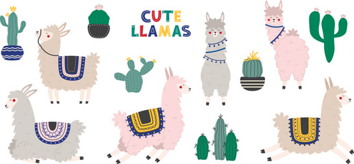 Cute llamas and cacti vector set. Colorful elements for children's design, poster, birthday card, daily planner