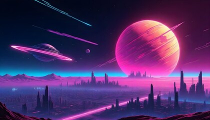 Futuristic city with tall spires on an alien planet, large pinkish planet in the sky, shooting stars, and a horizon transitioning from purple to red - obrazy, fototapety, plakaty