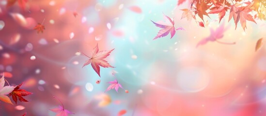 Autumn banner with falling maple leaves against beautiful natural blurred bokeh forest background with copyspace for text or product