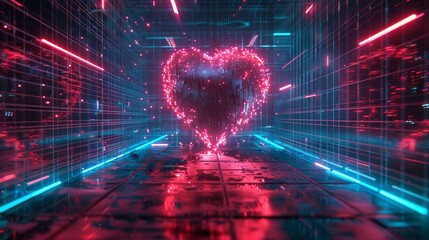 Digital heart beating encapsulated by a neon grid. A heart in a neon blue and red background - obrazy, fototapety, plakaty