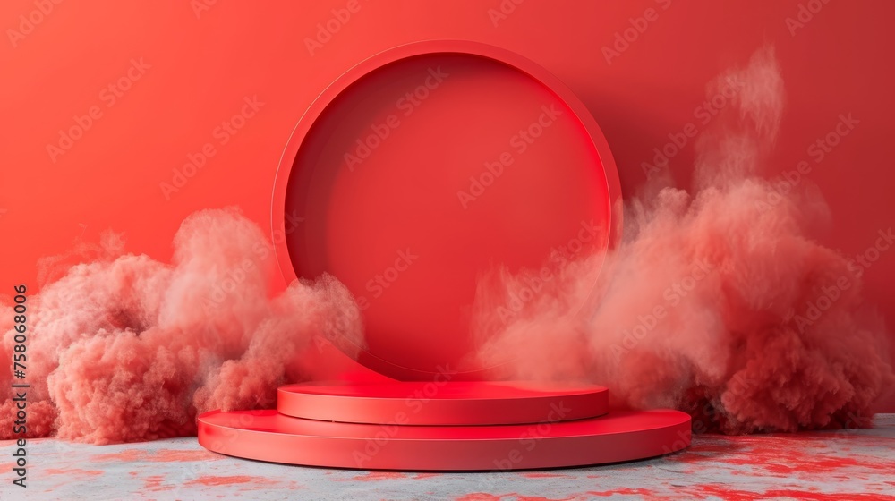 Poster dreamy cloud background podium with red 3d product display platform for studio presentation.