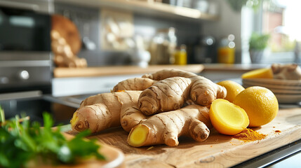 Organic ginger root and ripe lemons placed on a wooden cutting board in a bright, modern kitchen setting. A kitchen scene of cooking with ginger and turmeric, natural remedies for stomach health. - obrazy, fototapety, plakaty