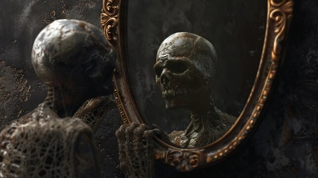 Zombie peering into a mirror, searching for traces of its past self in the reflection.