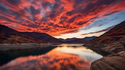 Fototapeten Tranquil mountain scene  majestic peaks, colorful sunset sky, and reflective lake at dusk © Roman Enger