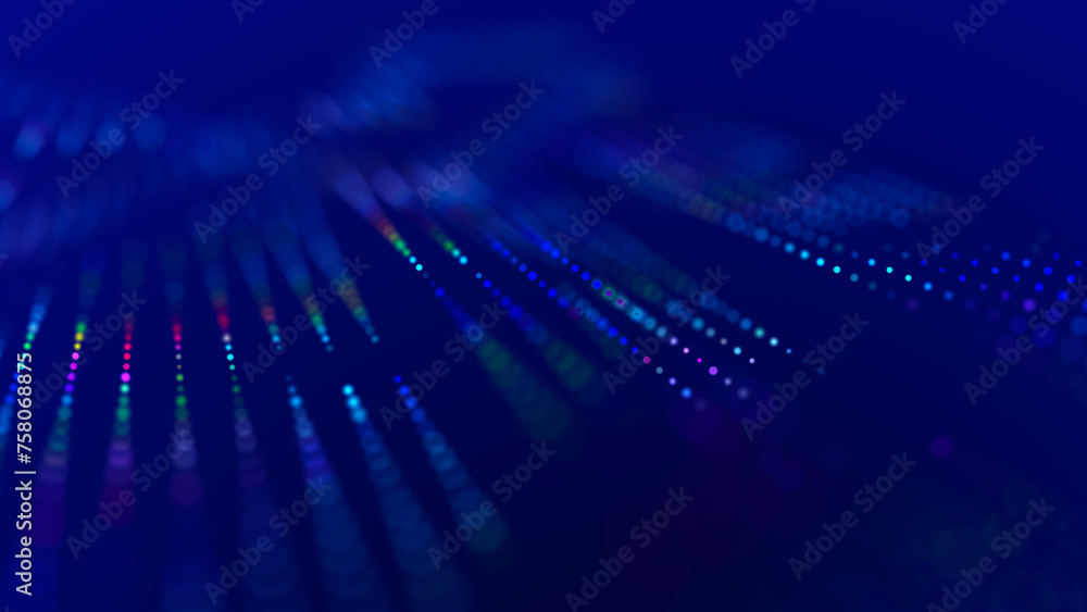 Poster digital background with musical glowing particles. big data visualization. 3d rendering.