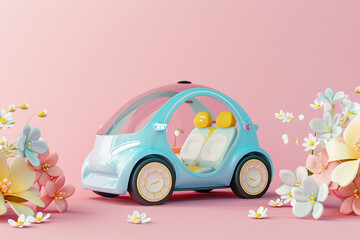 Modern electro car with flowers and botanical elements, 3d rendering illustration on the light pink background