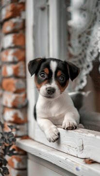 Curious puppy with paws up peeking over white wooden background, cute dog peeking with copy space