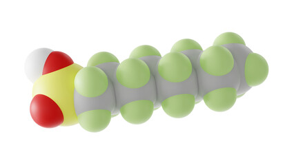 perfluorooctanesulfonic acid molecule, pfos, molecular structure, isolated 3d model van der Waals