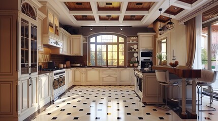 Cozy interior of large bright kitchen with English classic style