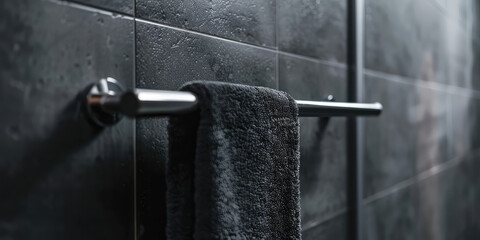 Close-up of Heated Rail for Towels  in Bathroom with copy space. Modern heated towel rail on wall in a serene bathroom setting. - obrazy, fototapety, plakaty