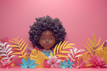 Fototapeta premium Girl with flowers and botanical elements, 3d rendering illustration on the light pink background