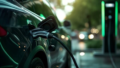 Electric vehicle charger in the city, environmental awareness, electric car, dark green, intense close-up. Green technology or renewable energy concept. 