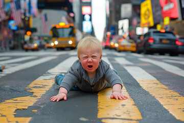 blonde baby, crying abandoned in the middle of a busy avenue