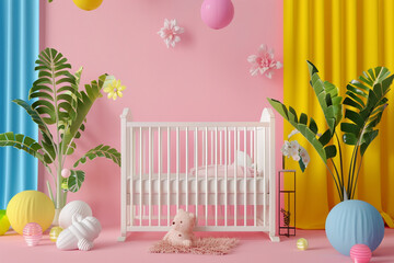 baby bed with flowers and botanical elements, 3d rendering illustration on the light pink background - obrazy, fototapety, plakaty