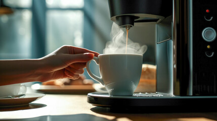 A captivating moment captured as the espresso machine expertly dispenses steaming hot coffee into a cup, promising a satisfying and invigorating experience - obrazy, fototapety, plakaty