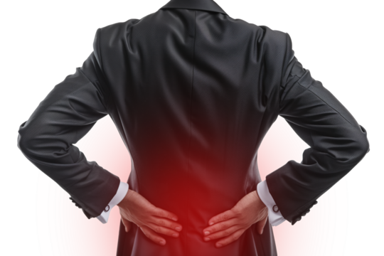 busineman with one hands on his back, back pain, isolated, transparent background