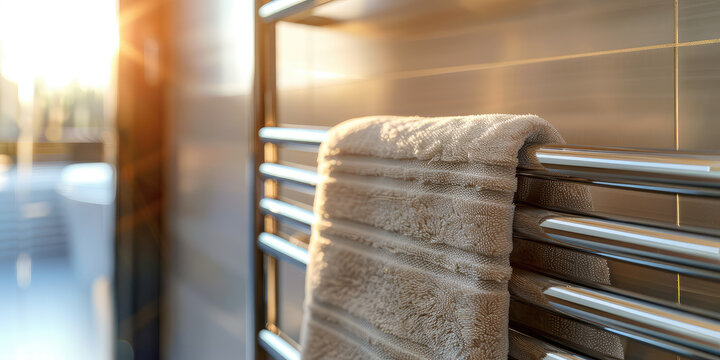 Close-up of Heated Rail for Towels  in Bathroom with copy space. Modern heated towel rail on wall in a serene bathroom setting.