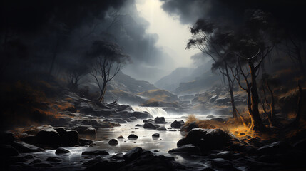Fototapeta premium As twilight descends, a serene and mystical creek meanders through the autumnal forest, its enchanting aura further heightened by the ethereal mist weaving through the trees.