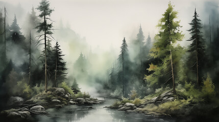 A serene creek gracefully winds through the autumnal forest, its mystical ambiance deepened by the veils of mist that cloak the surroundings, casting an otherworldly charm.