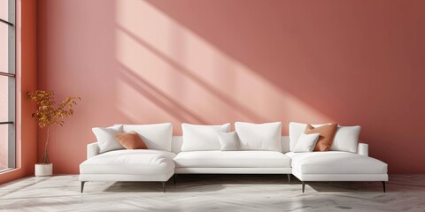 Modern laconic minimalist living room interior in neutral colors with a white sofa, pillows and empty walls with copyspace - obrazy, fototapety, plakaty
