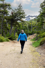 Obraz premium woman contemplating and walking through beautiful landscape of mountains forests rivers and bridges lifestyle of traveling ushuaia argentina end of the world